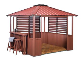 10x10 Deep Red Gazebo with two louvers and lower wall panels, bar, two bar stools in Amherst