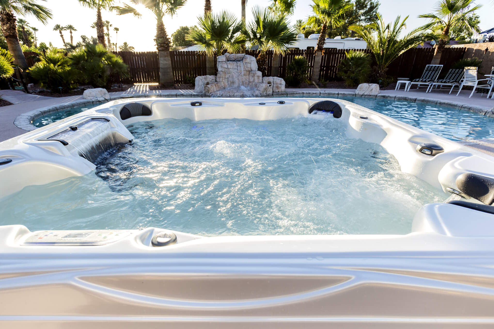 Crystal-clear water inside an Artesian Spas hot tub.